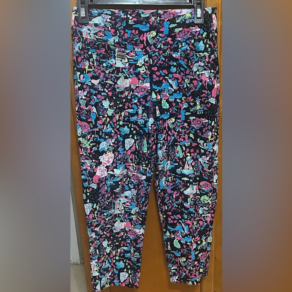 LULU B Sz 4 Black Multi Color  Tropical Stretch Pull On Cropped Pants